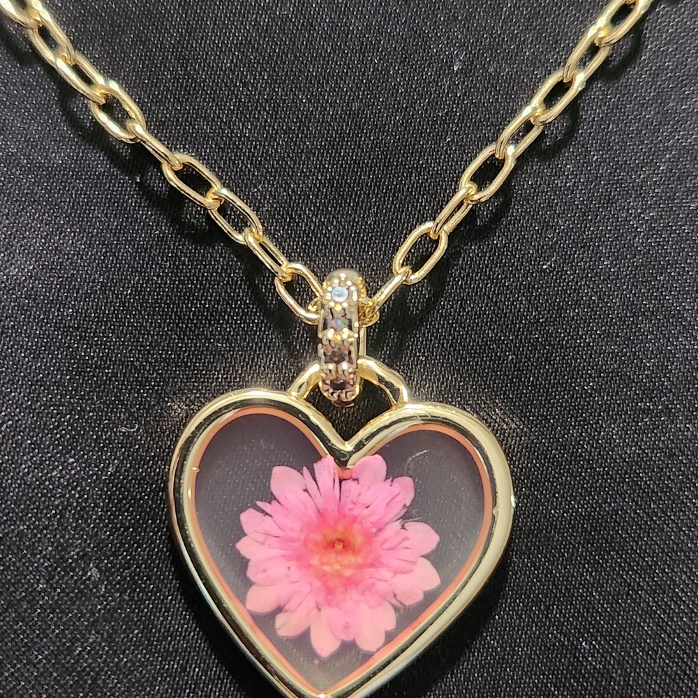 Sterling Silver Gold Tone Heart Pendant Necklace with Pink Floral Inlay